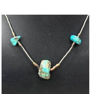 Vintage Turquoise Nugget Liquid Silver Heishi Beaded Necklace 17" Navajo Made